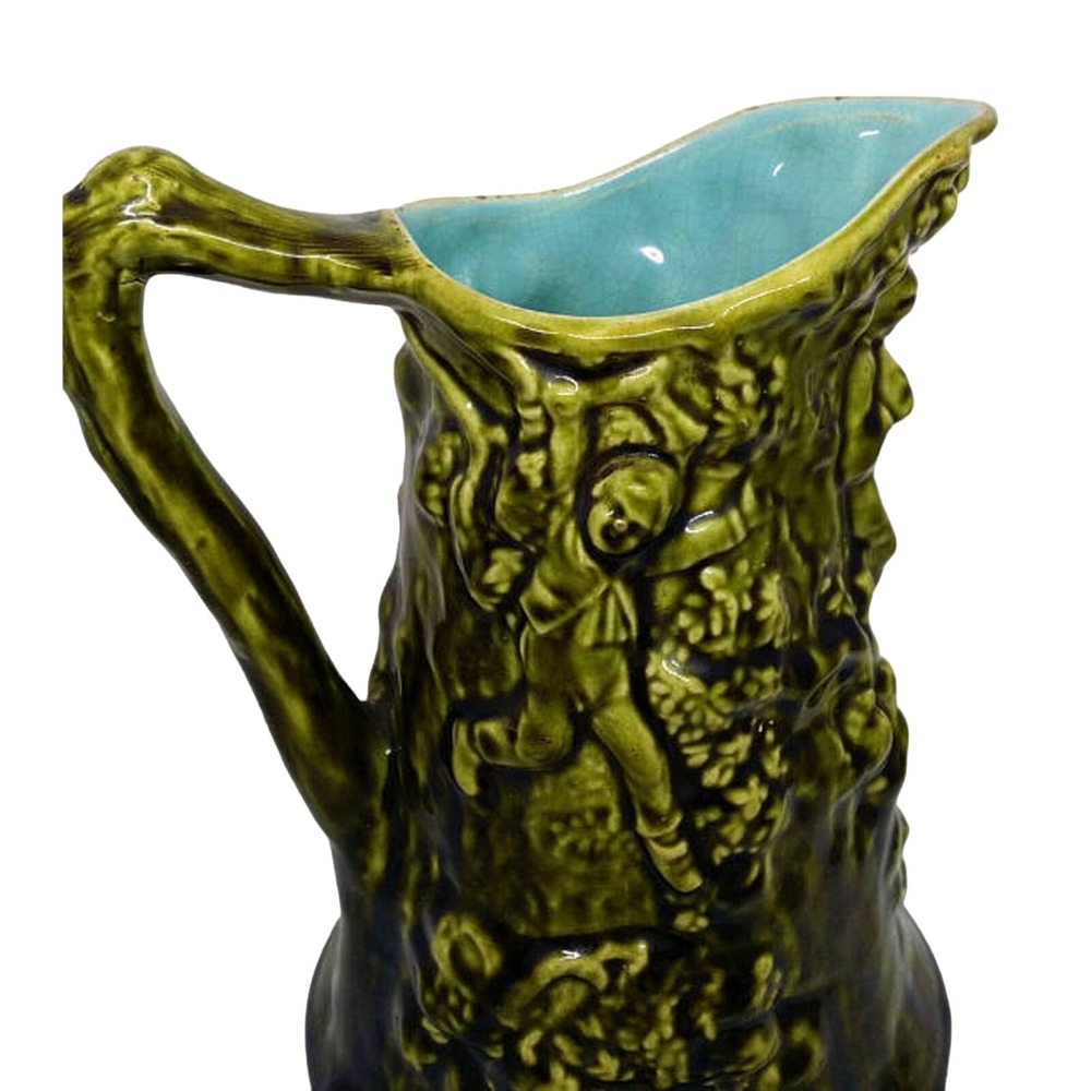 French Antique Majolica Pitcher Sarreguemines Green Turquoise Relief Figural Jug